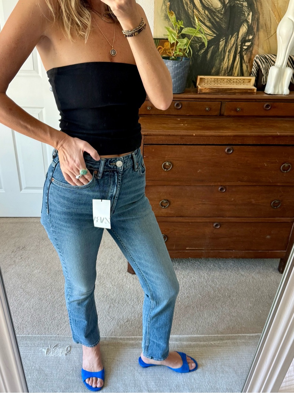 Zara Mid-Blue High-Rise Ankle Jeans